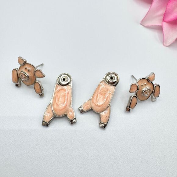 Vintage Edgar Berebi Pink Pig Front To Back Illusion Jacket Earrings Cute Funny - Picture 6 of 11
